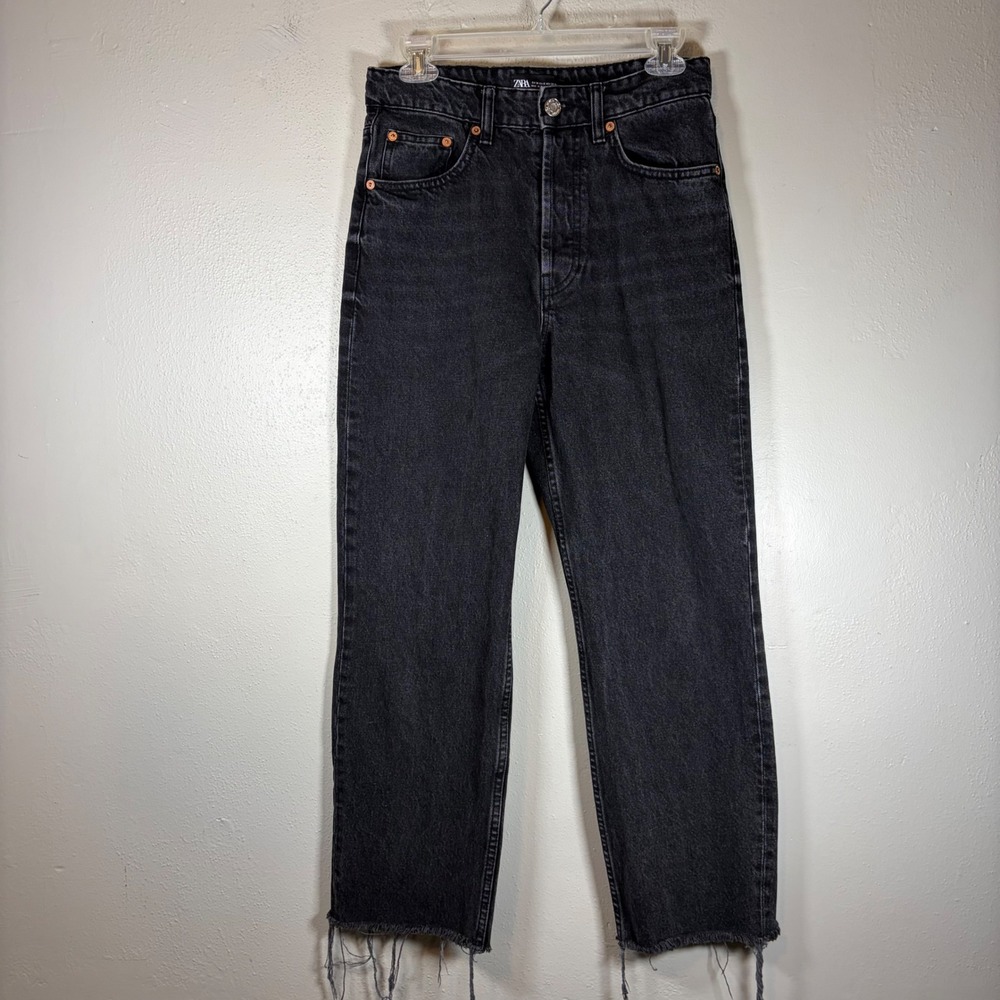 Zara Join Life High Waisted Straight Leg Jeans Womens 6 28 Washed Black Raw‎ Hem